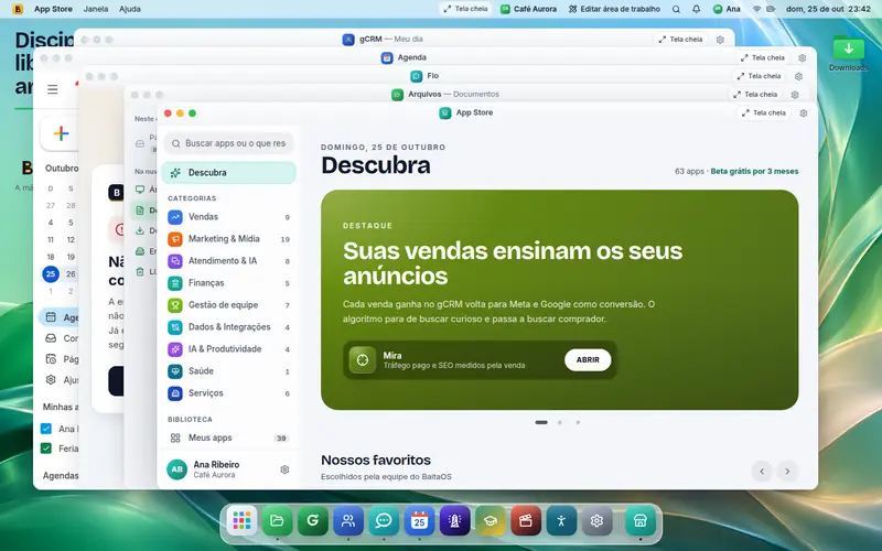 BaitaOS de verdade: área de trabalho com gCRM, Agenda, Arquivos e App Store em janelas
