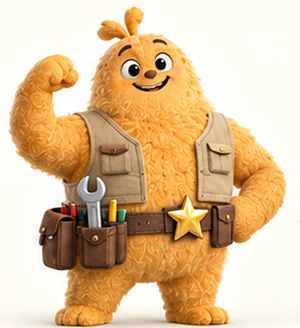 Tony Stars, o mascote, com cinto de ferramentas